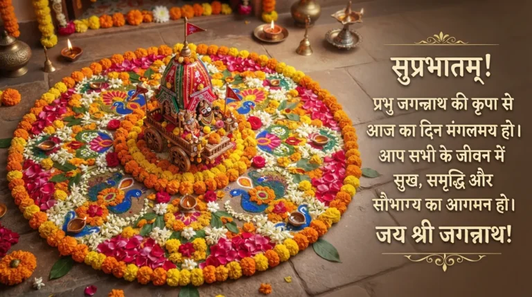 Traditional Indian rangoli with a small decorative chariot and Hindi morning quotes.