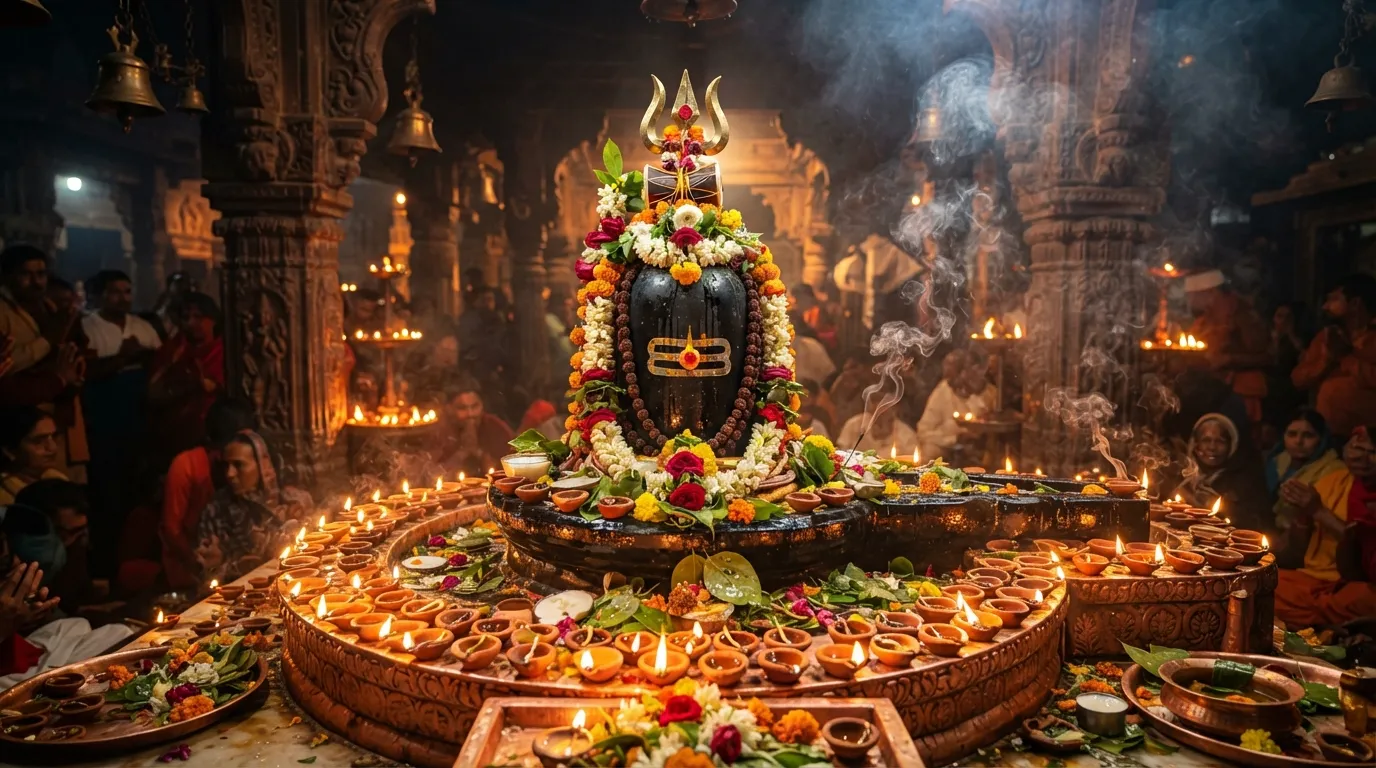 Full HD festive image of a black stone Shivling surrounded by numerous glowing clay lamps during Maha Shivratri.