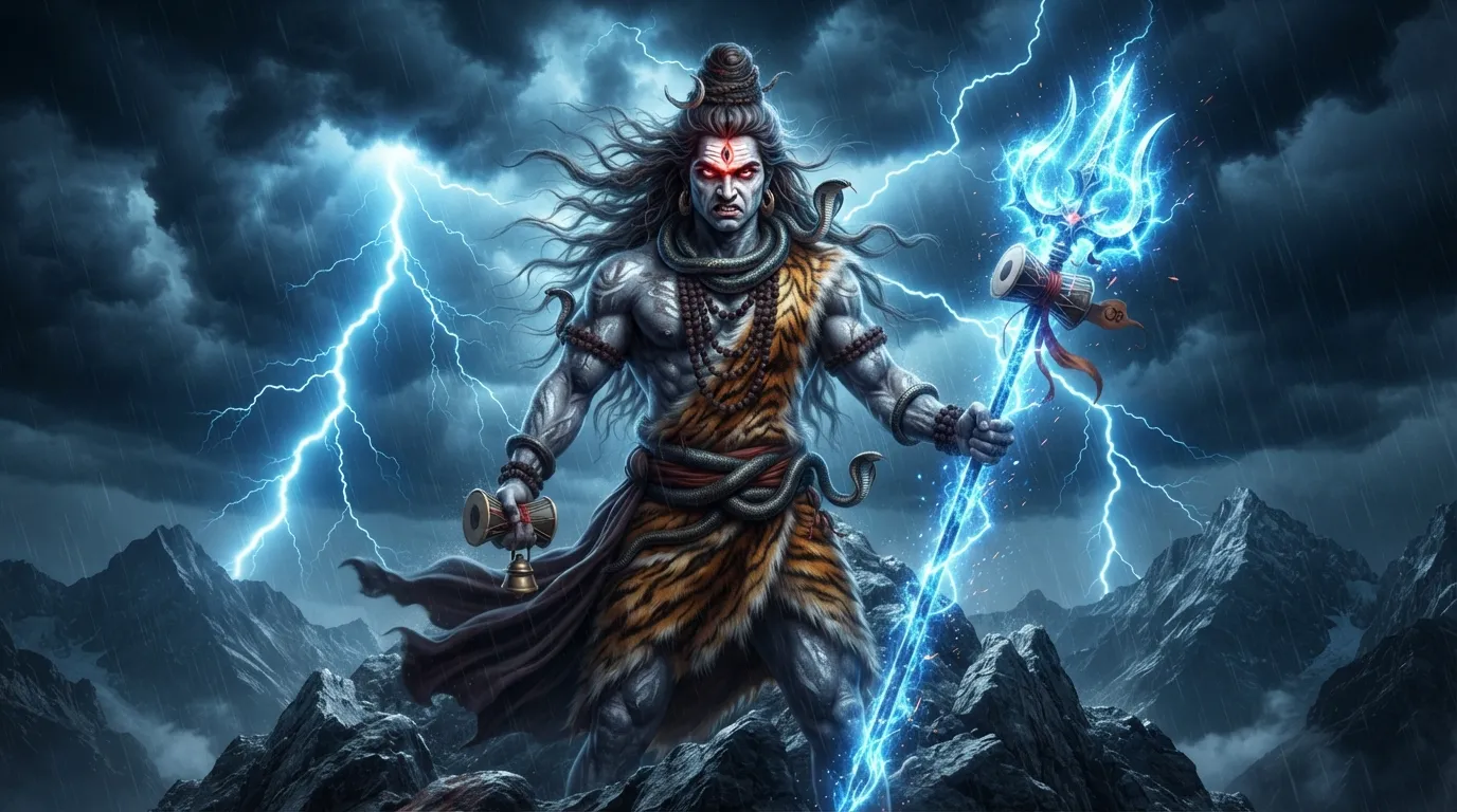 Furious Rudra avatar of Lord Shiva holding a glowing Trishul weapon during storm.