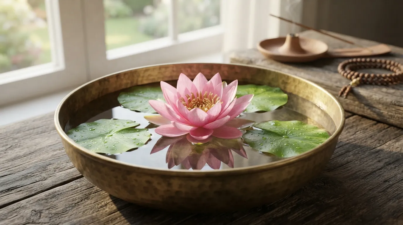 Pink lotus flower floating gracefully in a traditional water bowl with green leaves