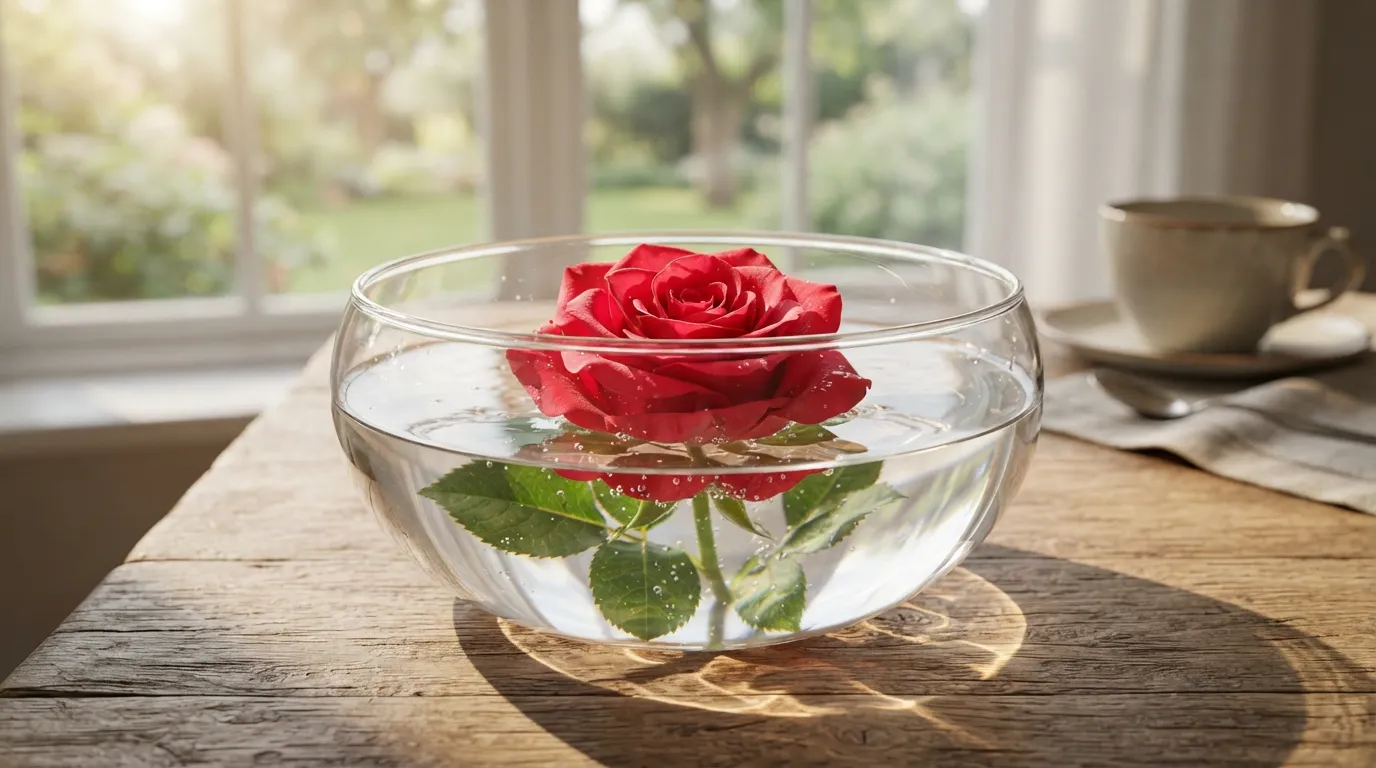 Vibrant red rose floating in a glass bowl filled with water on a sunlit windowsill
