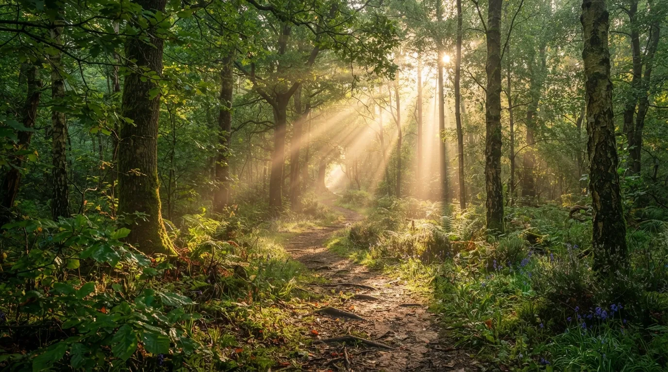 Forest path illuminated by rays of morning sunlight through trees
