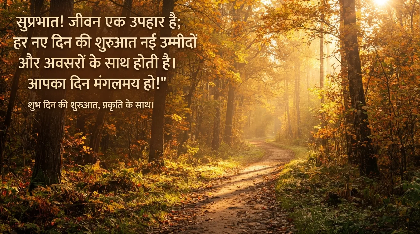 Golden forest path good morning images with quotes in hindi.