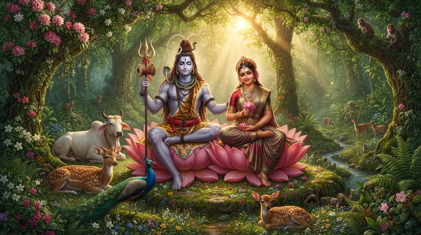 Shiva and Parvati seated on lotus thrones inside a lush, enchanted forest sanctuary.