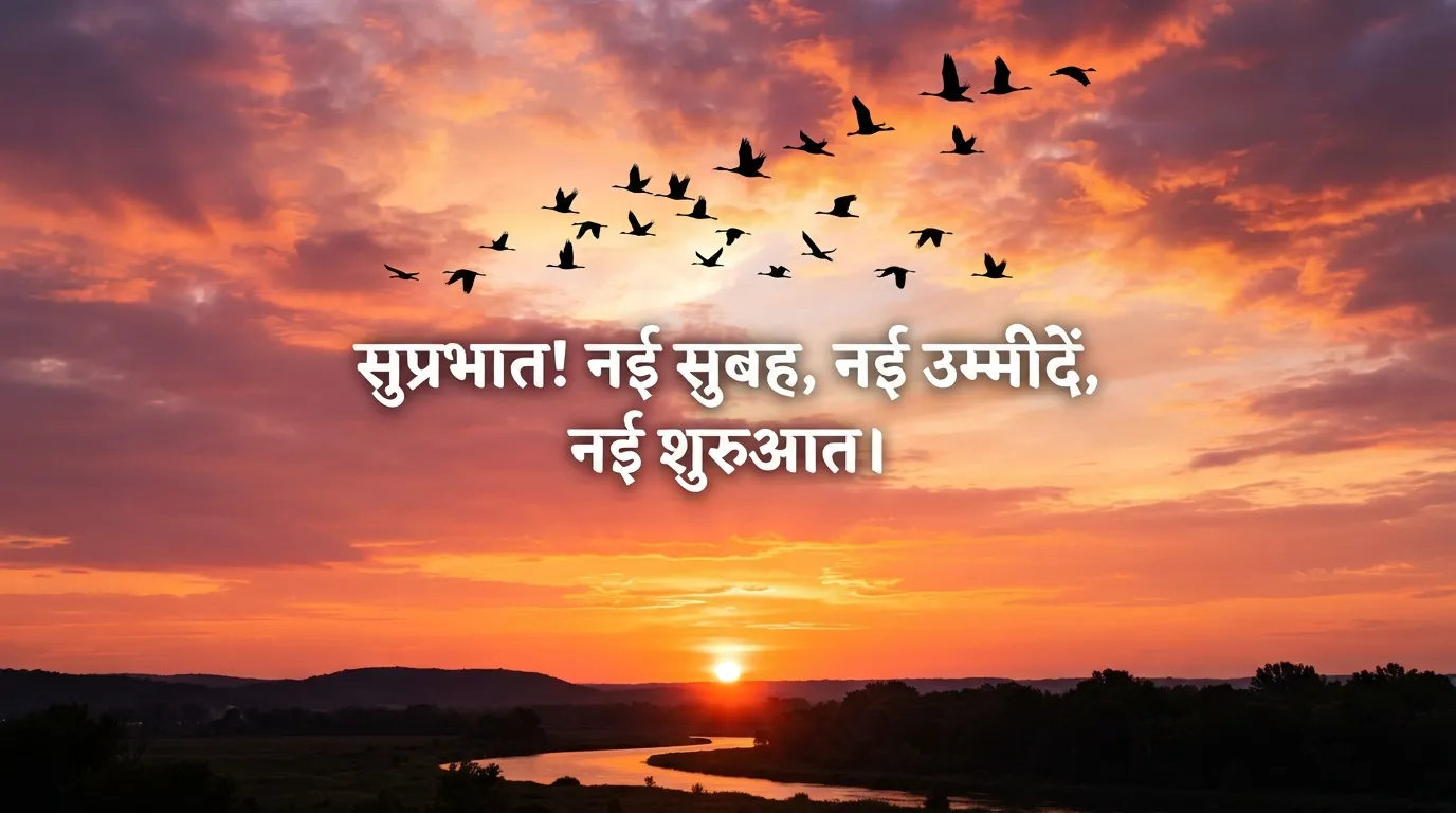 -Silhouette of birds flying in a colorful morning sky with Hindi quote.