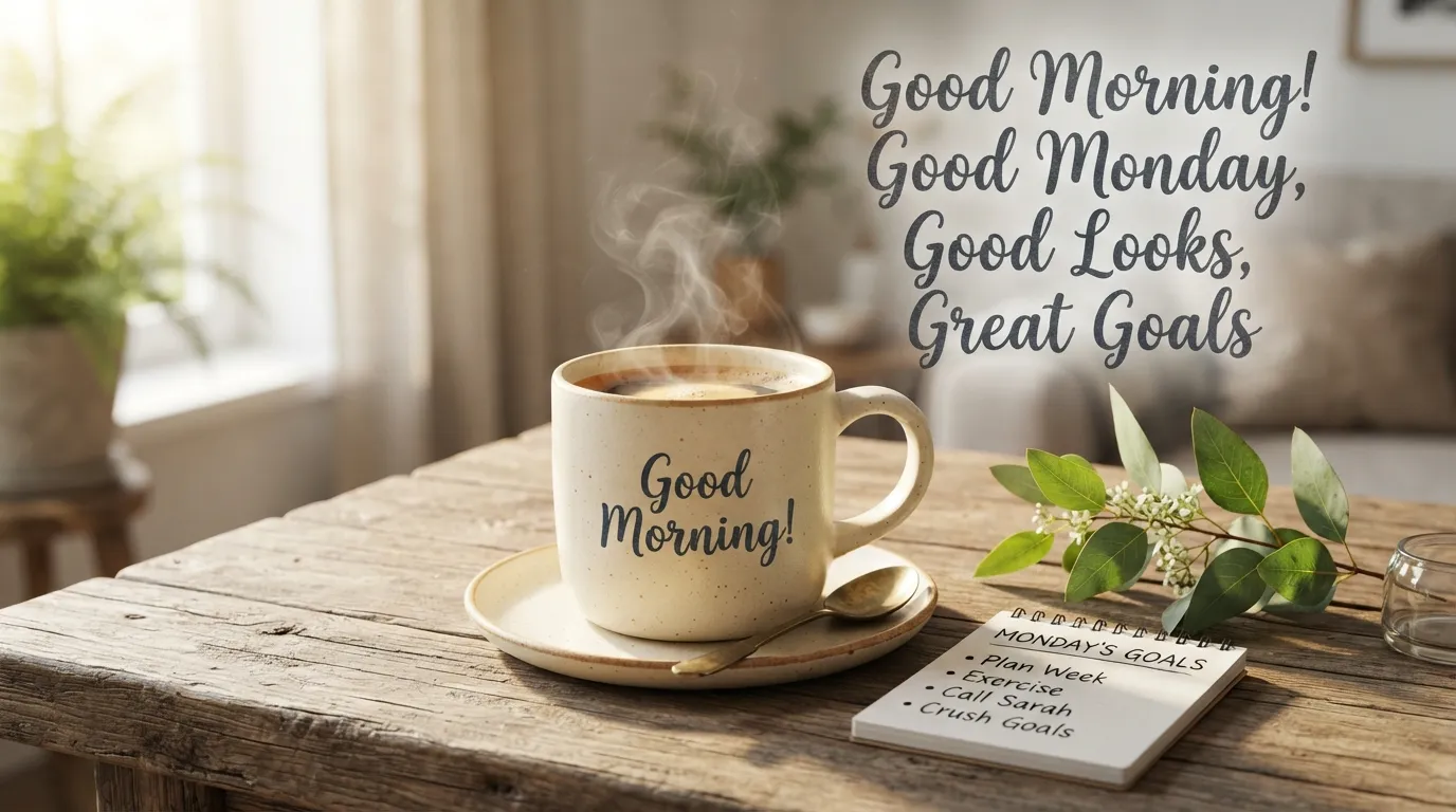 Fresh cup of coffee on a wooden table with a Good Morning Monday quote.