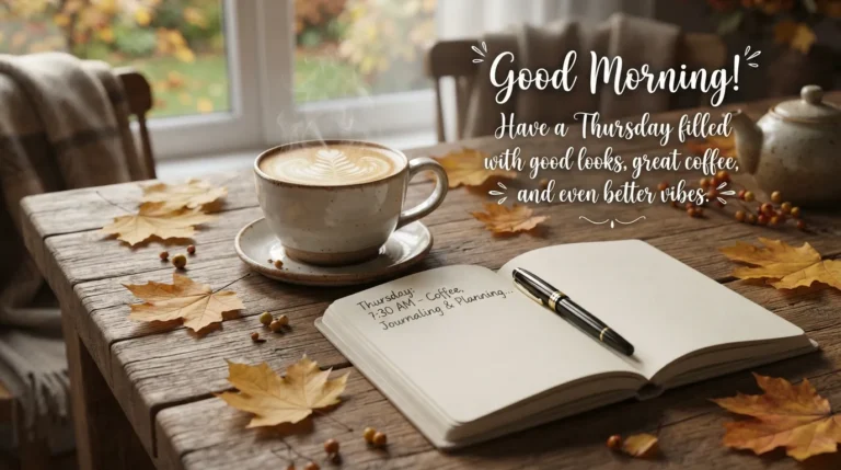 A steaming cup of coffee on a wooden table with autumn leaves and Good Morning Thursday text.