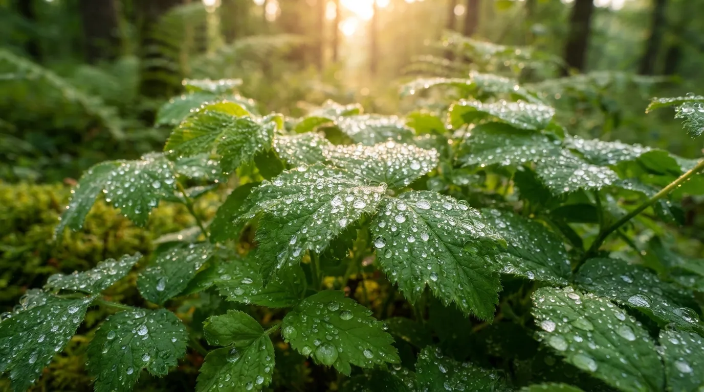 Close up of crystal dew drops sparkling on green leaves in morning light