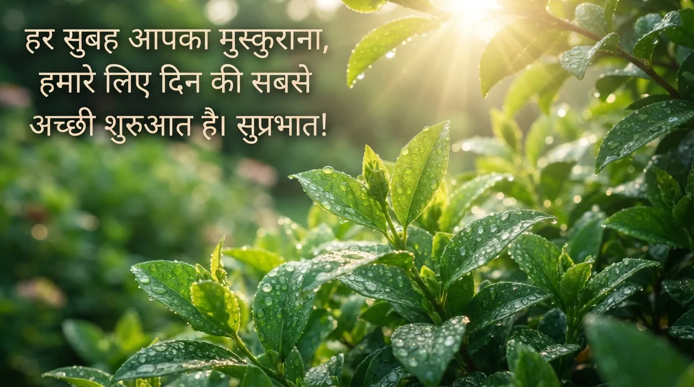 Bright green leaves glowing in morning sunlight with a sweet Hindi Good Morning message.