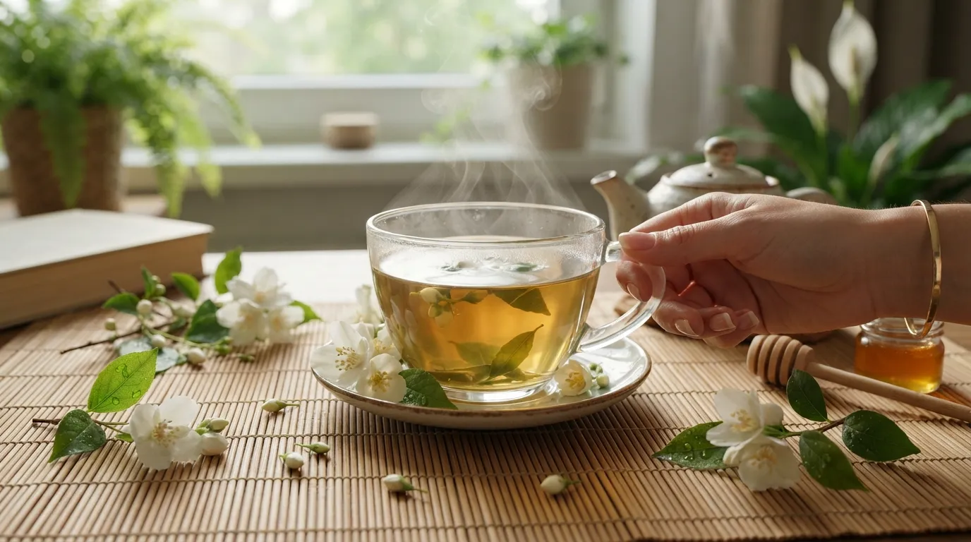 White jasmine flowers next to a transparent cup of green tea.