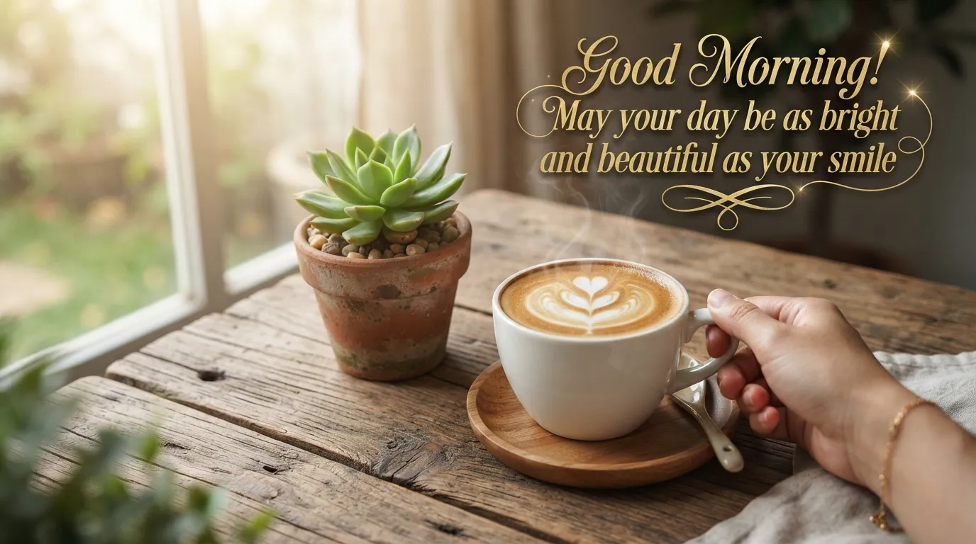 A steaming cup of coffee on a wooden table with a beautiful good morning English quote.