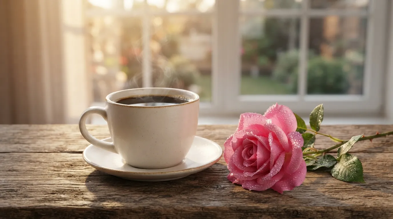 Today good morning images featuring a hot coffee mug next to a pink rose with morning dew drops.