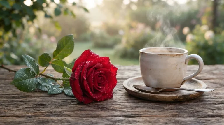 Fresh red rose with water droplets next to a hot coffee cup on a wooden table
