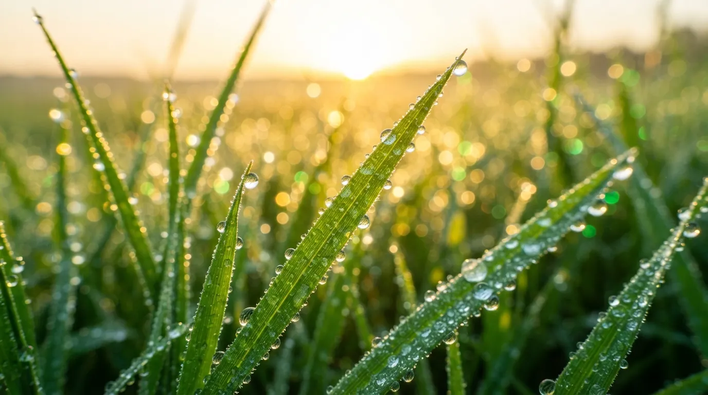 Close up of green grass with dewdrops under a bright morning sunrise.