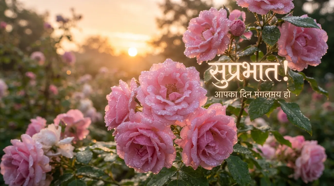 Dewy pink roses at dawn with a good morning message in Hindi.