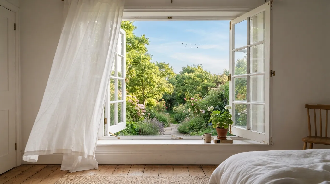 An open white wooden window overlooking a green garden with small birds flying in the bright morning sky.