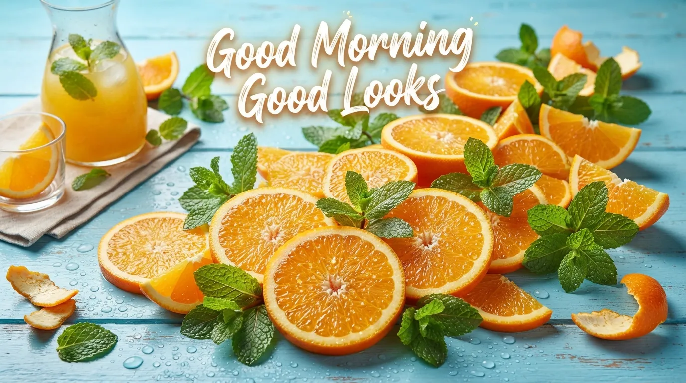 Slices of fresh oranges and mint leaves with a bright energetic morning text.