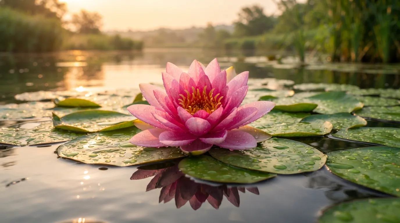 Fresh pink lotus flower blooming in a calm pond during morning sunrise