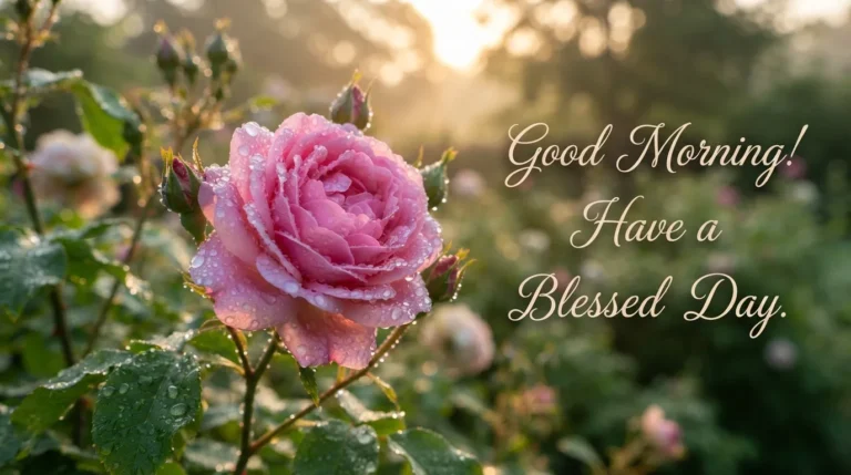 Fresh pink rose covered in morning dew drops with good morning text