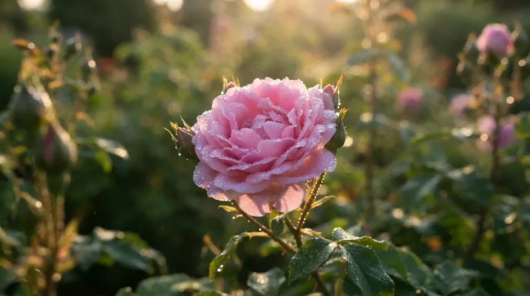A beautiful pink rose covered in morning dew drops representing a fresh good morning start.