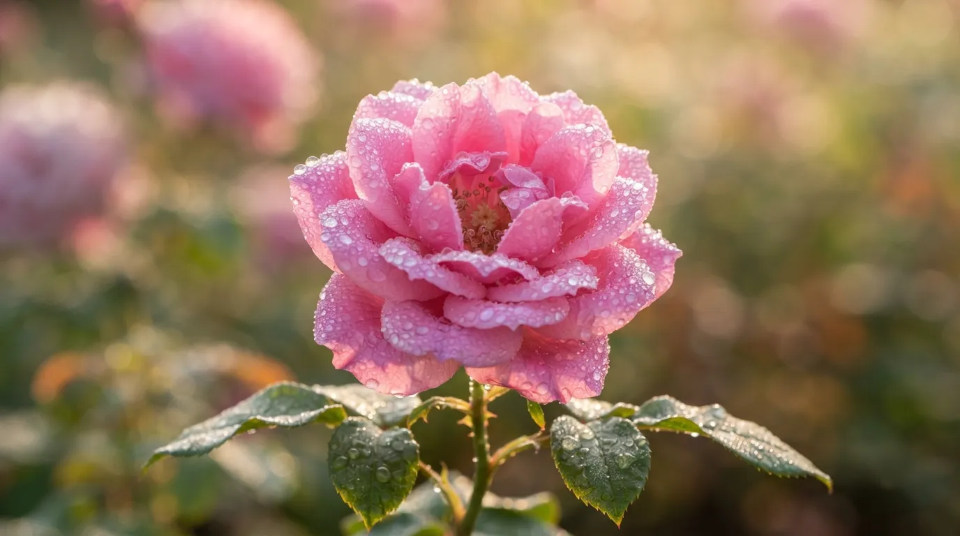 Close-up of a vibrant pink rose petal covered in crystal-clear morning dewdrops under soft sunlight.