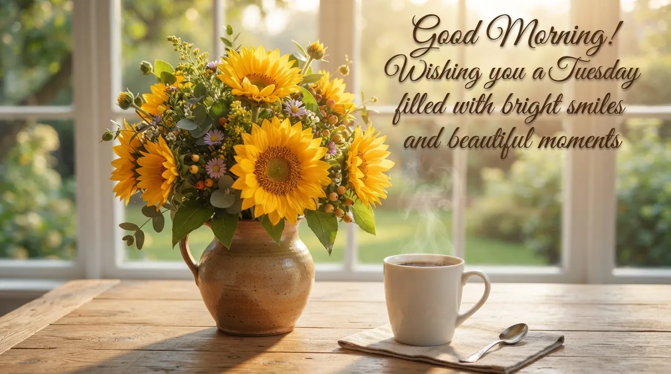 Fresh yellow flowers on a wooden table with a good morning tuesday quote.