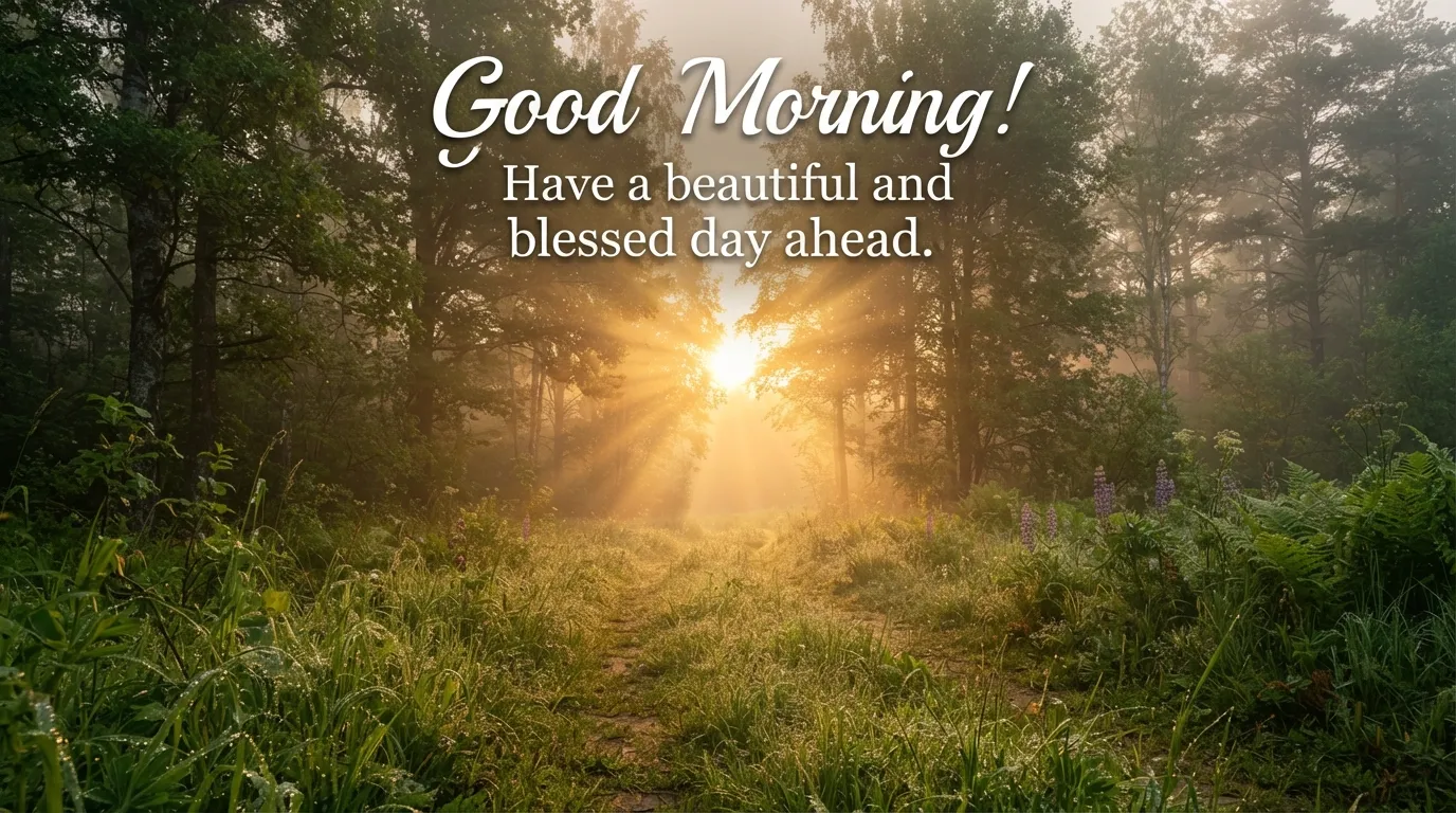 Beautiful sunrise with green trees and good morning wish in English for WhatsApp.