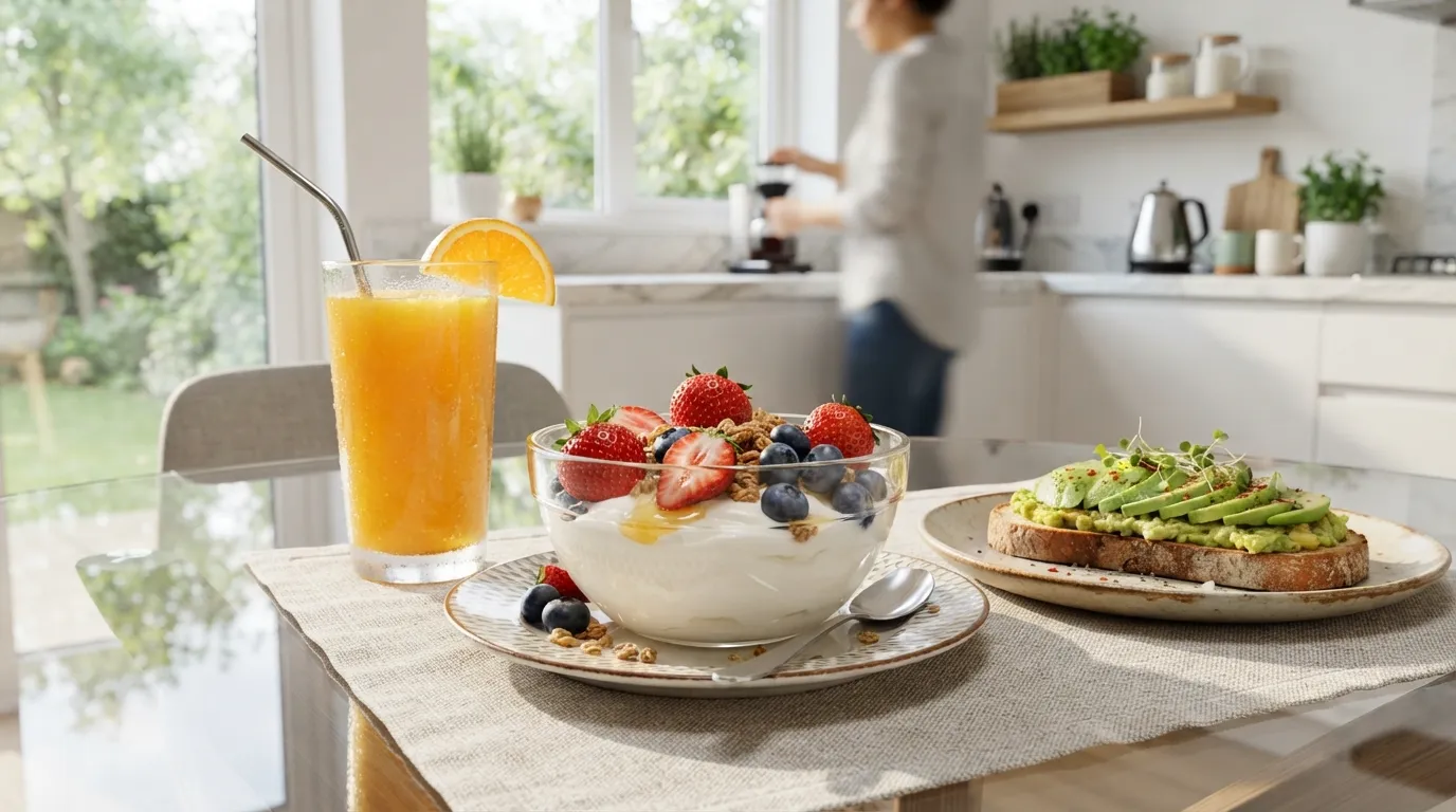 Healthy breakfast meal with fruits and juice for today good morning images.