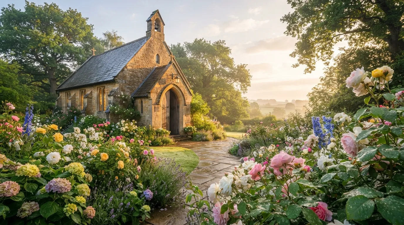 Good morning images god friday with blooming flowers near a church