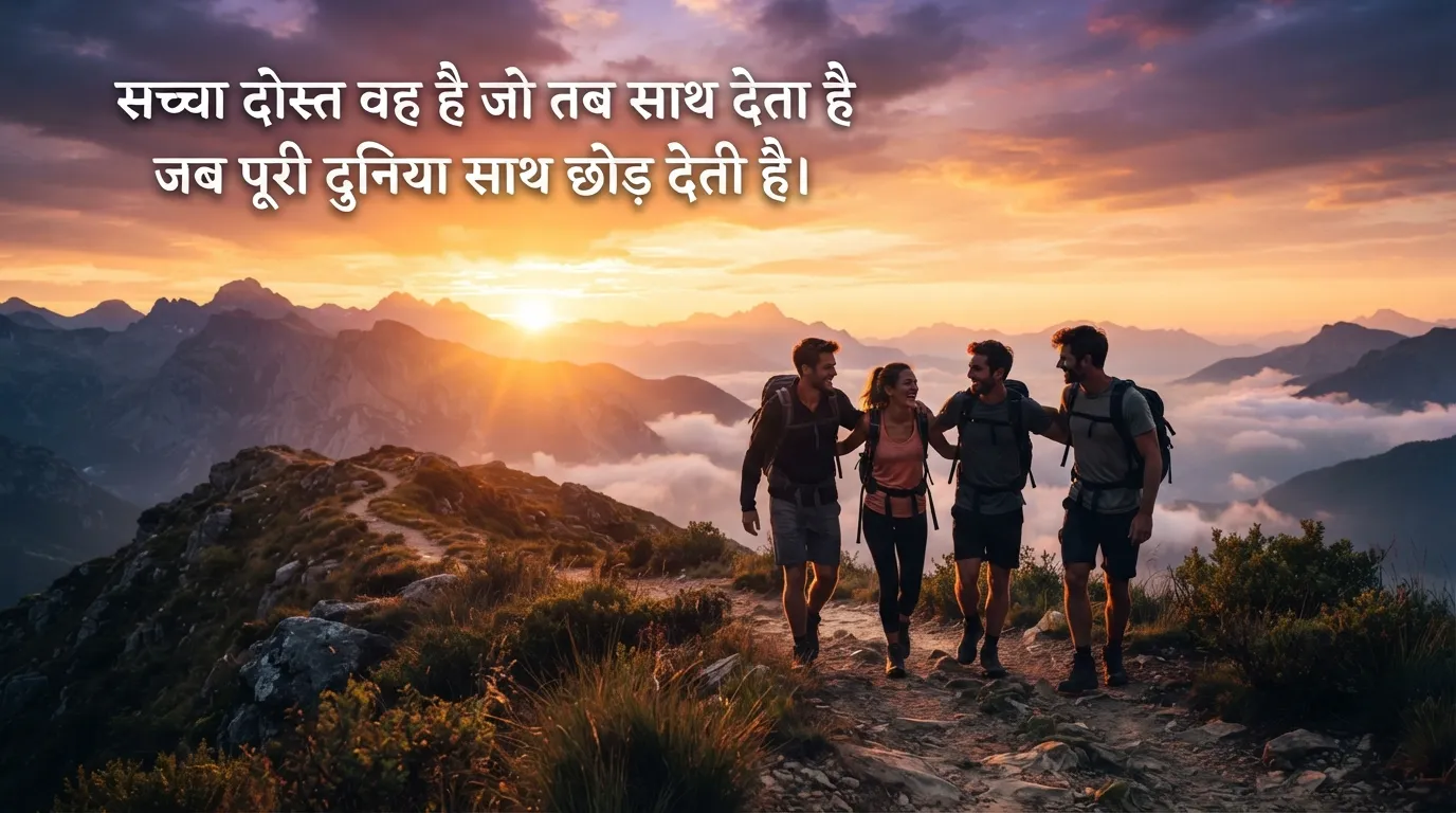 Silhouettes of friends walking together at sunrise with a Hindi friendship quote.