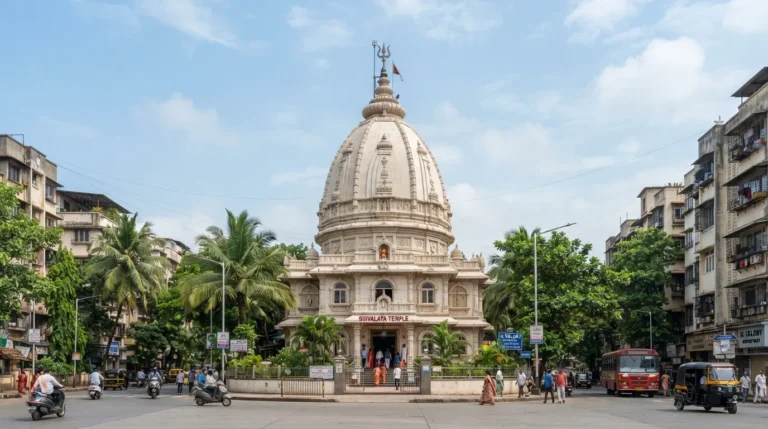 Full front view architectural shot of the unique Shivling shaped building in IC Colony Borivali Mumbai.