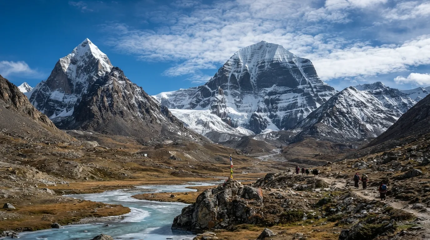 The frost-kissed peaks of Shivling and Mount Kailash standing tall amidst a pristine snowy landscape.