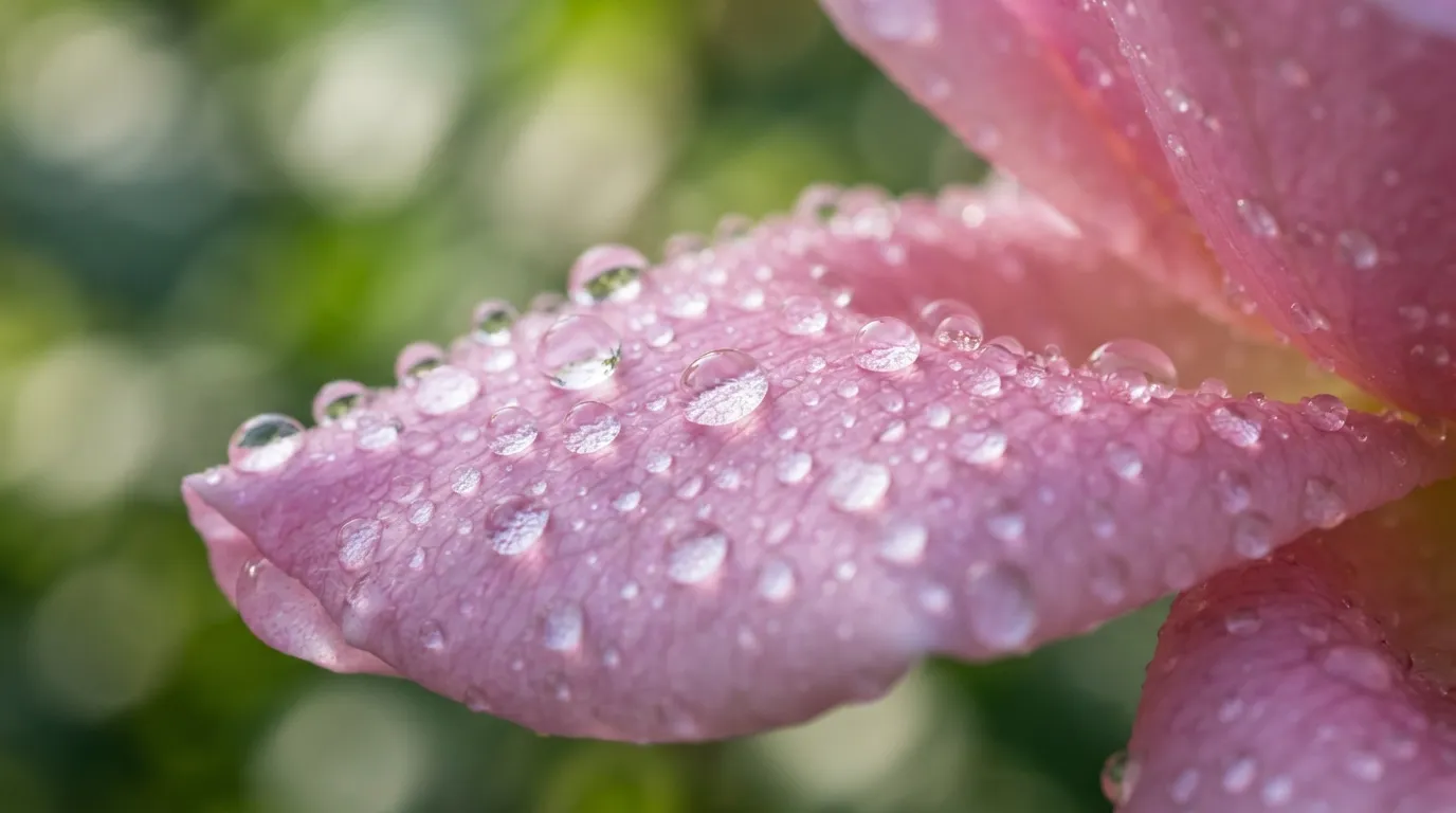 Macro photograph of a single pink flower petal with crystal clear dew drops in natural light.