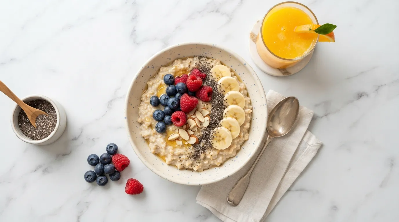 Top-down (flat-lay) photograph of a colorful breakfast bowl with oatmeal, berries, and a glass of fresh orange juice on a white surface.