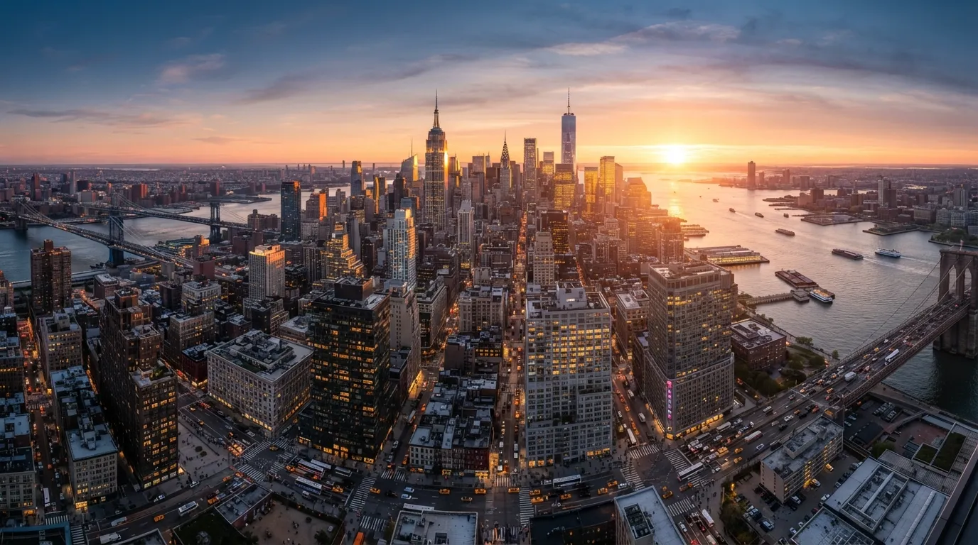 View of a sprawling city skyline at sunrise, with warm golden light hitting high-rise buildings and some streetlights still on.