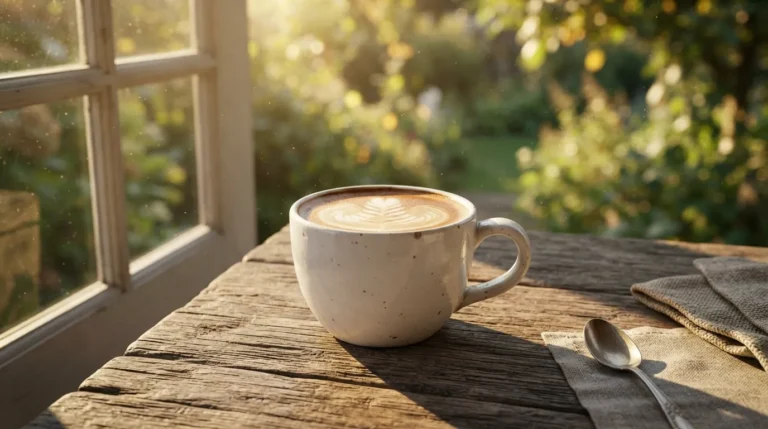 A white coffee mug on a wooden table bathed in golden morning sunlight with a blurred garden view.