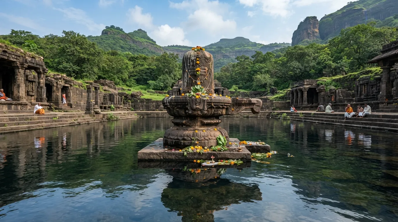 A full view of the Rajmachi Shivling standing in the water.