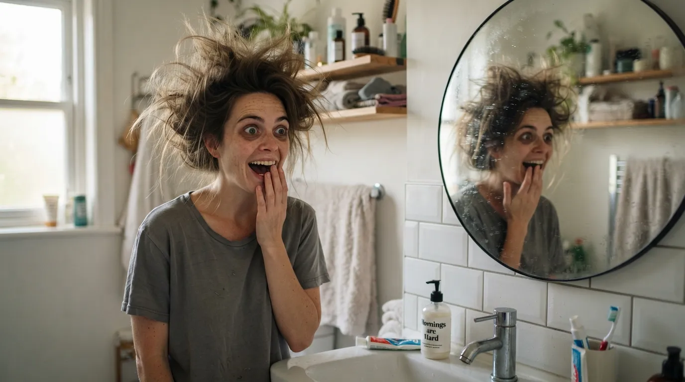 A funny cartoon character looking at crazy bedhead hair in the mirror.