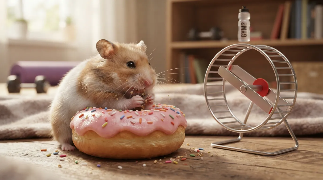 A cute chubby hamster eating a donut on an exercise bike in the morning.