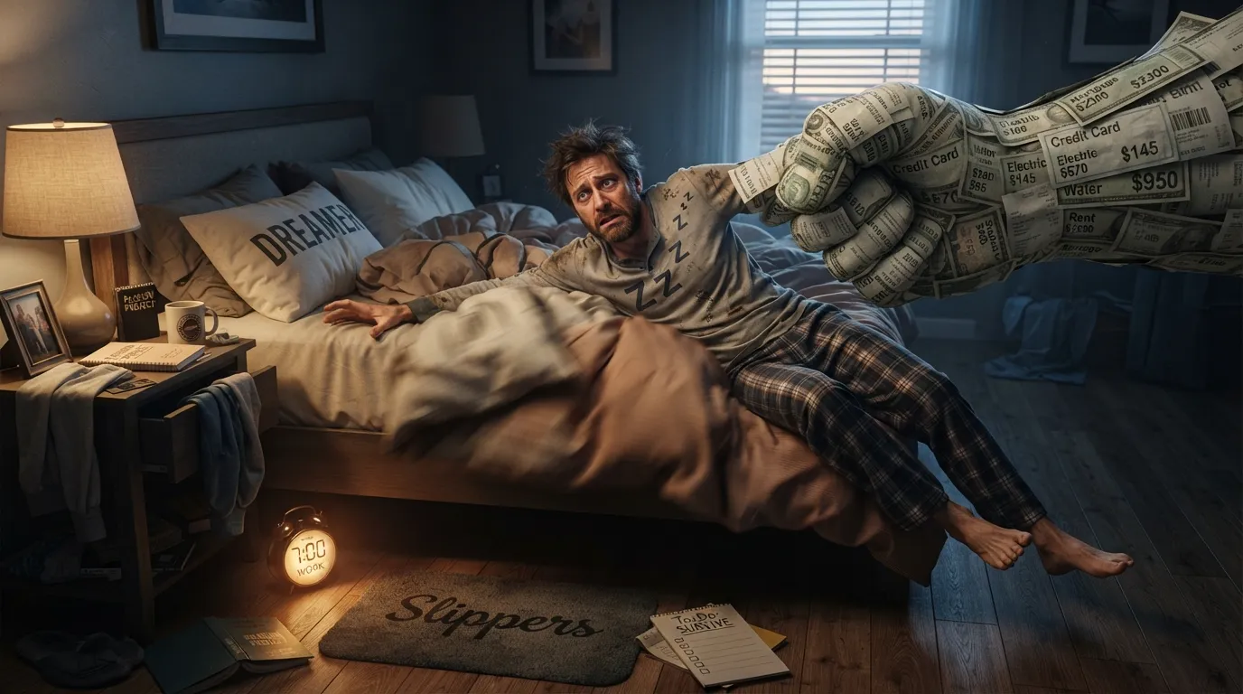 A funny drawing of a person being motivated to wake up only by money.