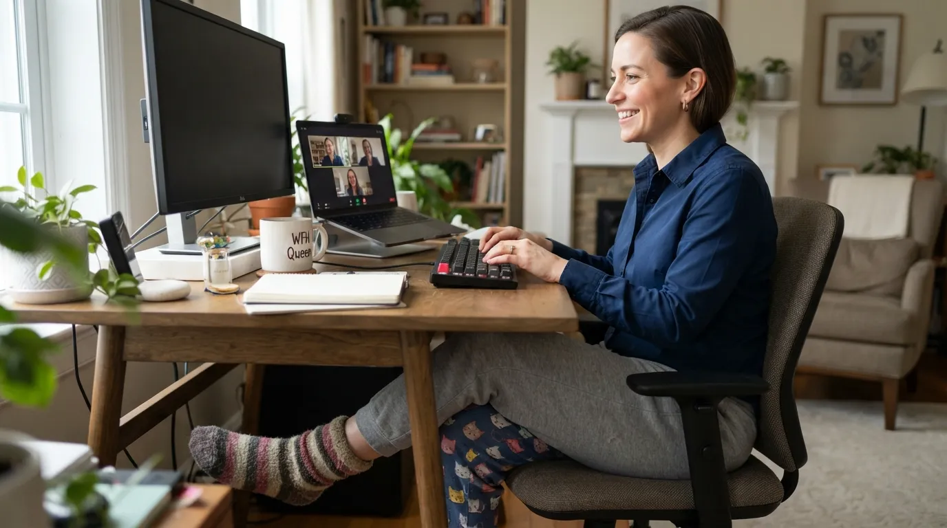 A person wearing a professional suit jacket with pajama pants at a morning video call.