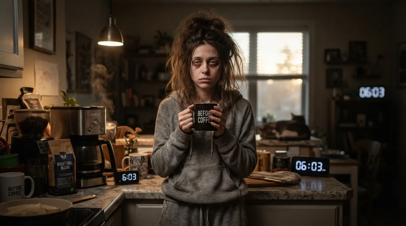 A funny cartoon zombie holding a huge coffee mug to wake up in the morning.
