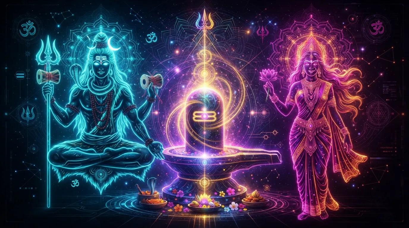 Glowing neon fluorescent digital art of Lord Shiva, Goddess Parvati, and a radiant energy Shivling.