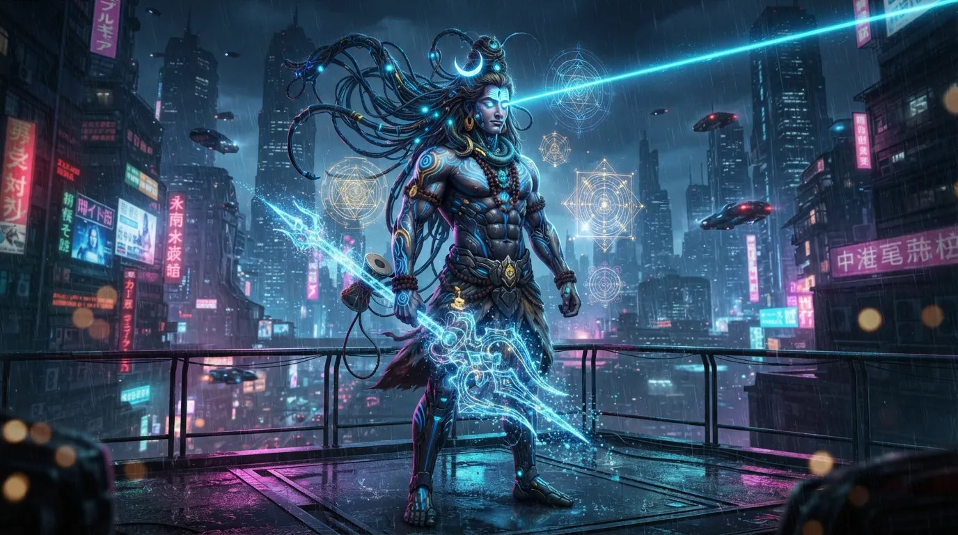 Modern futuristic cyberpunk concept art of Lord Shiva with glowing holographic elements, mahadev wallpaper hd 4k for pc.
