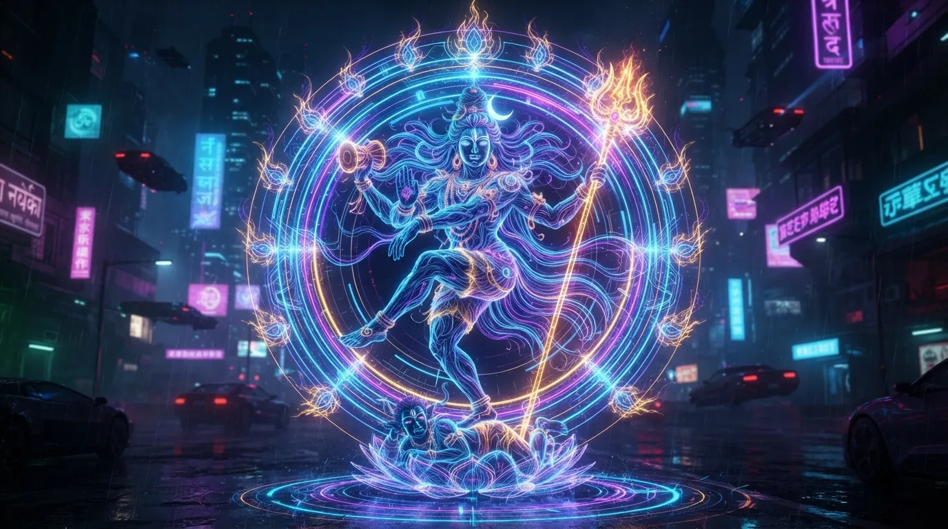 Futuristic neon glowing shiva nataraja images with cyber spiritual themes.