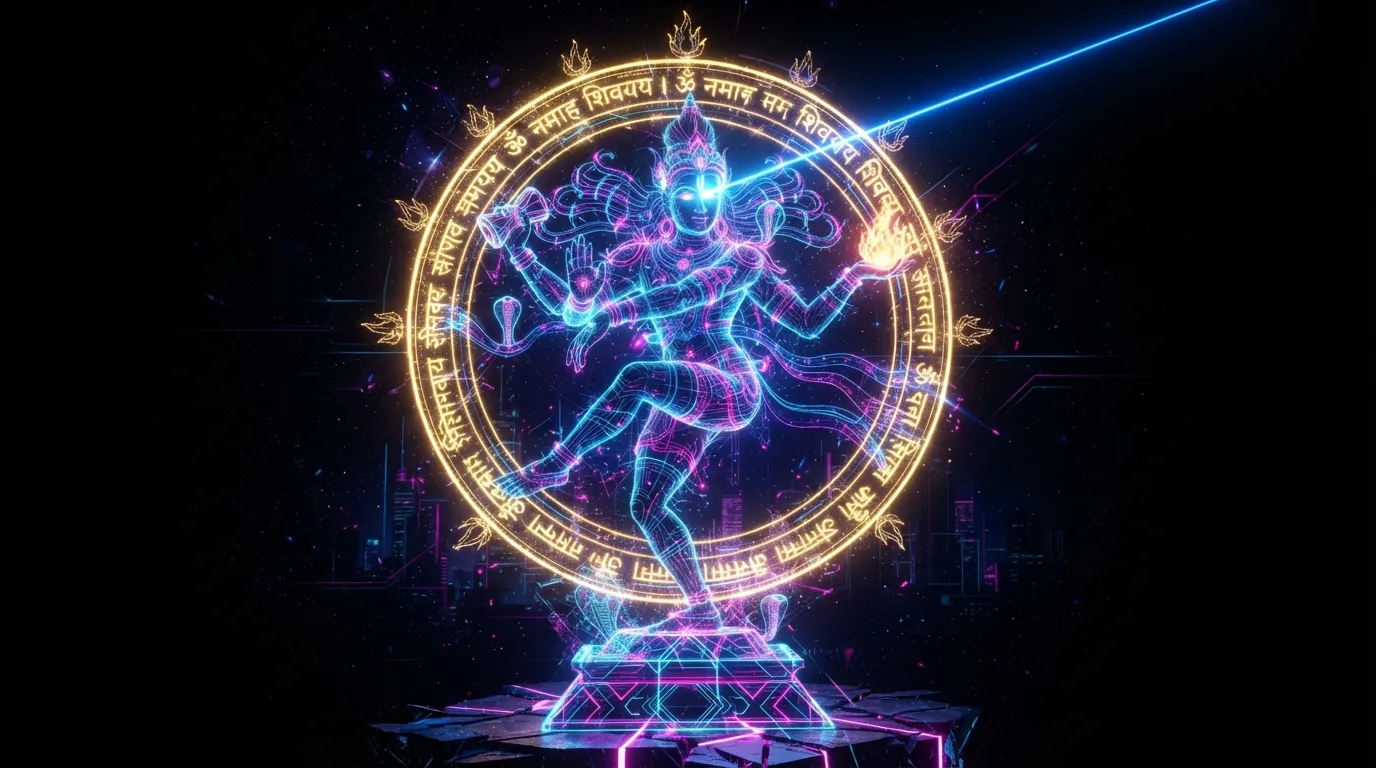 Futuristic cyberpunk style Nataraja with glowing neon blue and purple energy lines