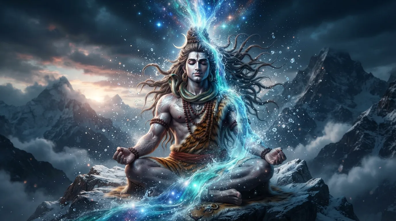 Detailed 4K artwork of river Ganga descending from Lord Shiva's matted hair.