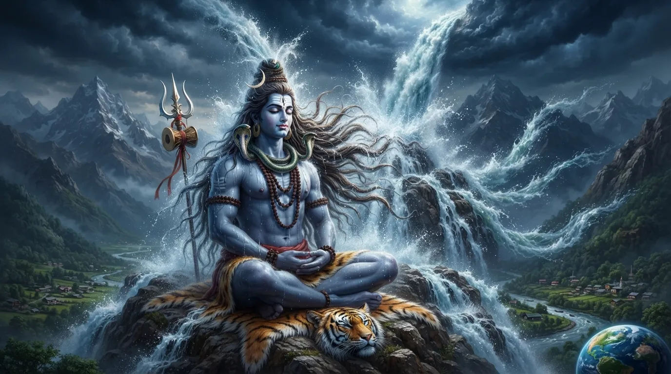 Holy river Ganga flowing from matted hair bhagwan bholenath ki photo