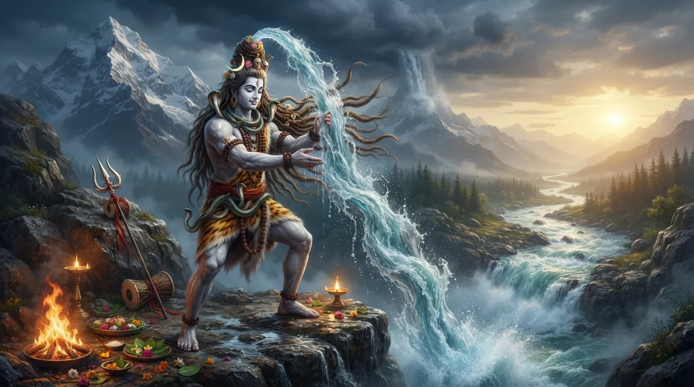 Dramatic painting-style photo showing Baba Bholenath catching the river Ganga in his hair and releasing it safely.