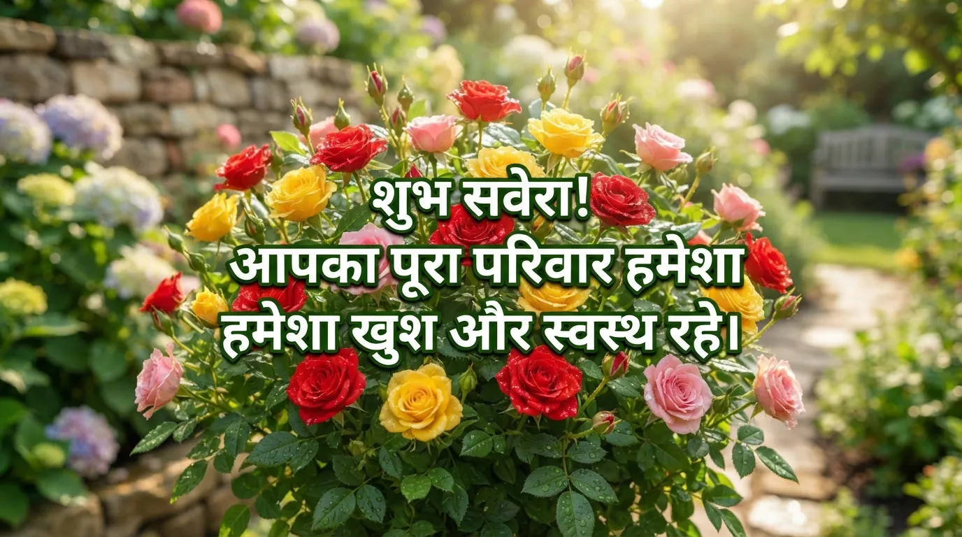 A cluster of small colorful garden roses with a family-oriented Hindi morning wish.